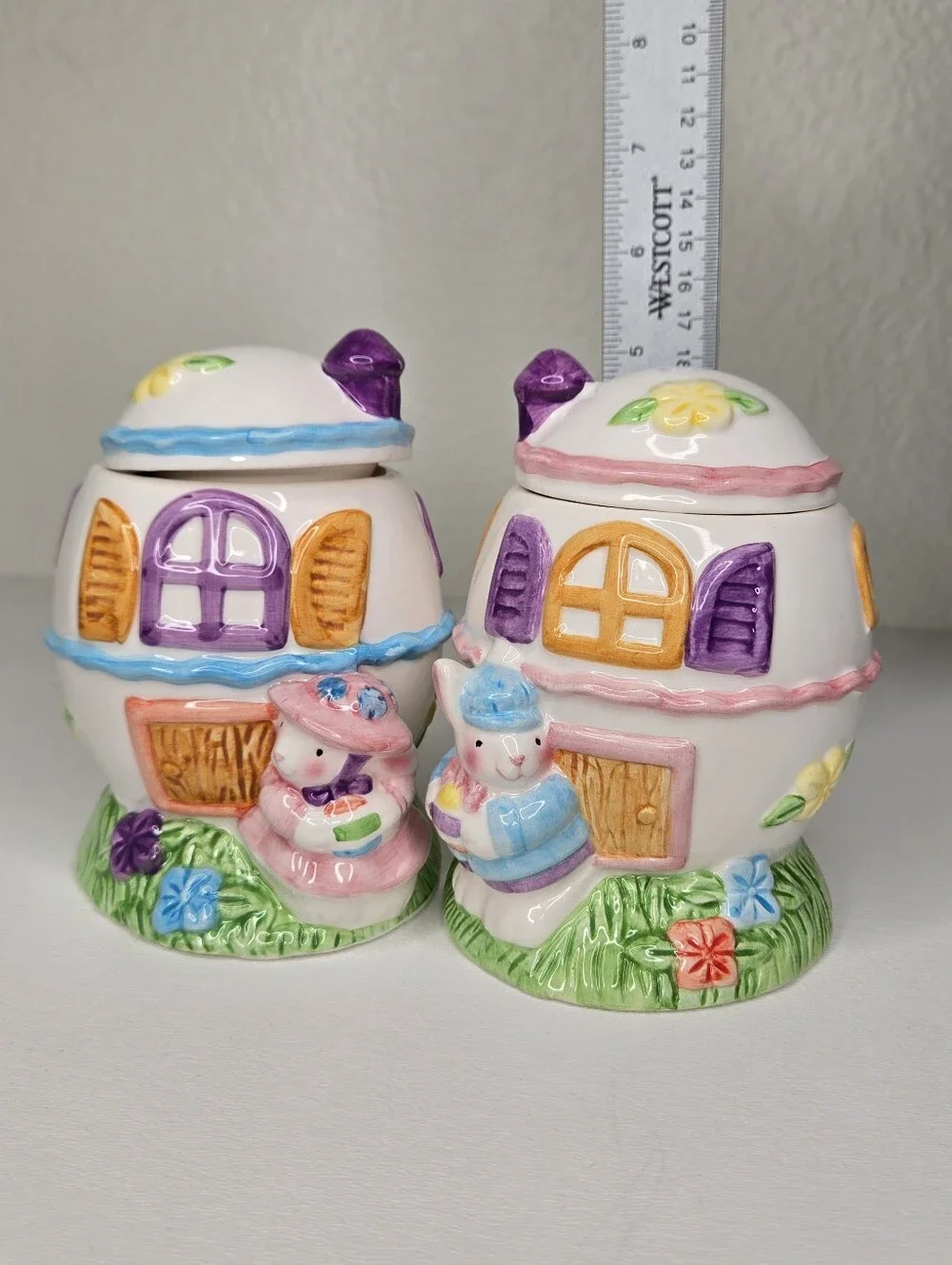 Ceramic Cottage Egg Bunny Girl and Boy Set‎ Easter Candy Jars VTG Whimsical